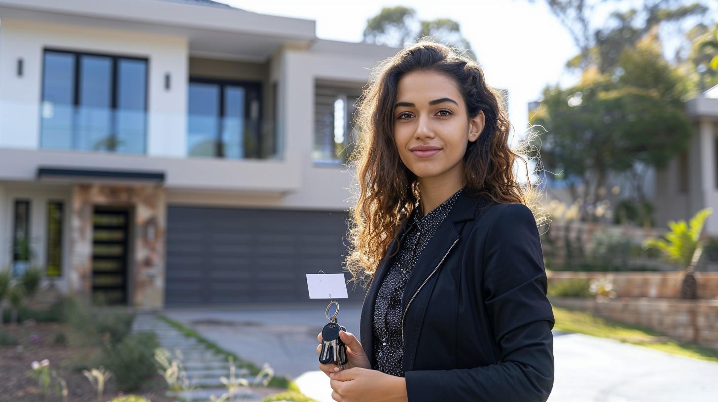 Professional female real estate agent with keys in front of modern home