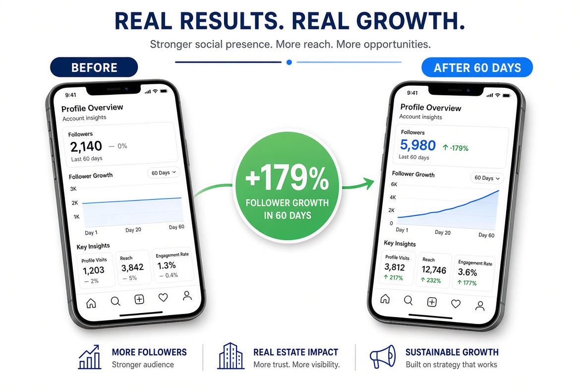 Before and after social growth: followers increasing 179 percent in 60 days