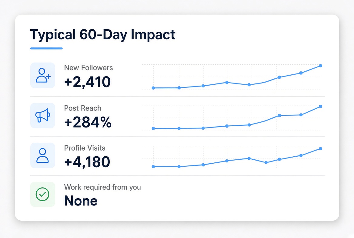 Typical 60-day impact dashboard showing new followers, reach, and profile visits
