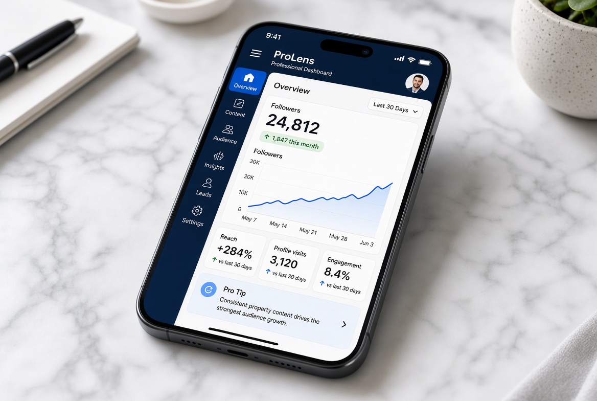 Instagram-style dashboard showing follower growth and rising reach